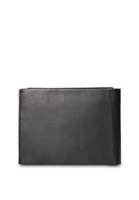 Portafoglio in pelle nera con una texture liscia, forma rettangolare e bordi cuciti. Design minimalista senza elementi hardware visibili o motivi decorativi.