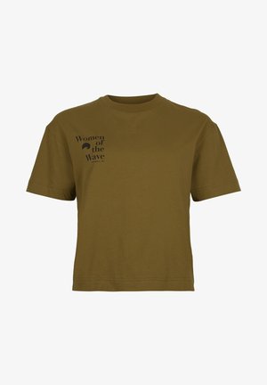Bavlněné tričko olivově zelené barvy s kulatým výstřihem a krátkými rukávy. Na přední straně je černý potisk s textem: "Women of the Wave" a logem.