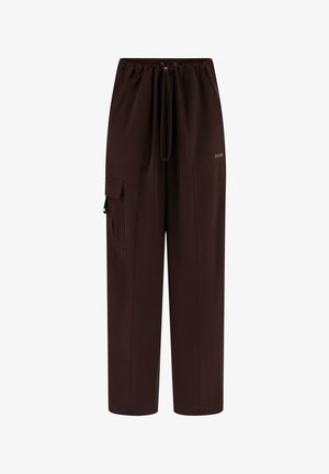 Pantaloni marroni con vestibilità comoda, dotati di vita elastica, coulisse regolabile, tasche laterali e dettaglio con logo brandizzato.
