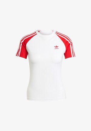 Fehér, rövid ujjú póló piros raglán ujjakkal, mindkét ujján három fehér csíkkal és egy kis piros Adidas logóval a mellkason.