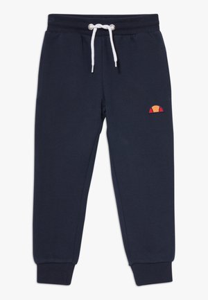 Pantalones de chándal azul marino en un tejido suave y texturizado. Presentan una cinturilla elástica con cordón y un detalle de logo bordado colorido.