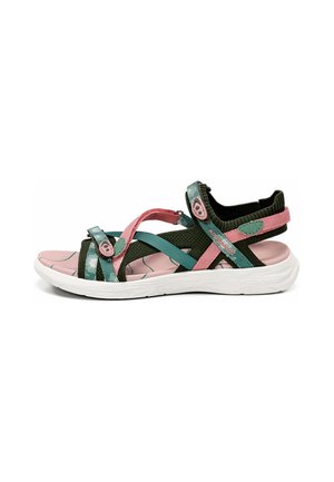 Sandalia deportiva con tiras rosas y turquesas, laterales de malla negra, plantilla rosa acolchada y suela blanca texturizada, diseñada para comodidad y soporte.