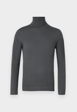 Dark gray, long-sleeve turtleneck sweater with fitted cuffs and a smooth, fine knit texture on a white background.