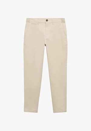 Khaki Chinos mit geradem Schnitt, aus weichem Baumwollmix. Verfügt über Fronttaschen, einen Knopfverschluss und ein flaches Design.