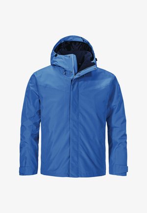 Blaue wasserfeste Jacke mit Kapuze, ausgestattet mit einem Reißverschluss vorne, Druckknöpfen, zwei Seitentaschen und einer glatten, leicht glänzenden Stoffoberfläche.
