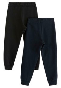 Två par mjukisbyxor: ett par svarta och ett par mörkblå. Tillverkade av mjukt tyg med elastisk midja och ribbade cuffs vid anklarna.