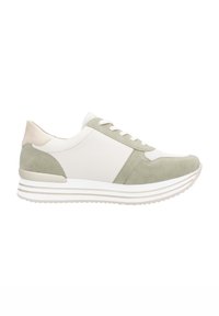 Sneakers with a white leather upper, olive green suede accents, light beige heel, and white midsole featuring horizontal stripes.