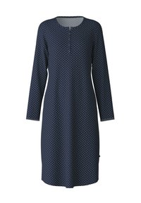 Abito blu navy con pois, maniche lunghe e scollatura rotonda caratterizzata da una fila di bottoni. Realizzato in tessuto morbido e traspirante.