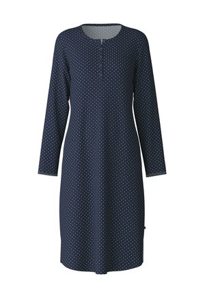 Navy blauwe jurk met stippen, lange mouwen en een ronde halslijn met een knoopsluiting. Gemaakt van zachte, ademende stof.