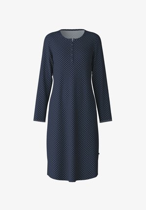 Abito blu navy con pois, maniche lunghe e scollatura rotonda caratterizzata da una fila di bottoni. Realizzato in tessuto morbido e traspirante.