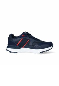 Scarpa sportiva navy con dettagli rossi, in materiale mesh e sintetico, colletto imbottito, suola in gomma e design con lacci. Dettagli in rilievo sulla parte superiore.