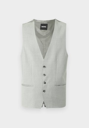 Light gray men's formal vest with four buttons, two front pockets, and a patterned inner lining labeled "BOSS."