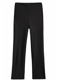 Pantalon noir en matériau lisse et extensible. Il présente une taille plate, des coutures discrètes et une coupe droite.
