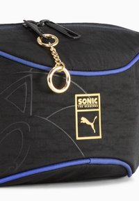 Custodia in tessuto nero con rifiniture blu, accessori dorati e grafica e logo di Sonic the Hedgehog. Chiusura con cerniera nella parte superiore.