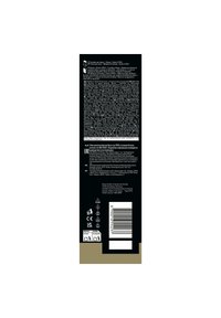 Schwarze Verpackung mit Text, Barcodes und Symbolen. Enthält mehrsprachige Anweisungen und Sicherheitsinformationen. Mattfinish, rechteckige Form.