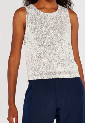 Ærmeløs top med rund halsudskæring, dækket af skinnende sølvpalietter, med en figursyet talje og en glat stoftype.