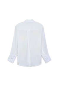 White long-sleeve shirt with a classic collar, buttoned cuffs, and a smooth, lightweight fabric. Features a straight back seam.