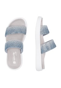 Blue rhinestone slide sandals feature two wide straps with a soft gray insole and a white rubber sole, offering comfort and support.