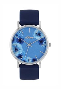 Ronde s.Oliver horloge met een blauwe bloempatronen wijzerplaat, zilveren indexen en een marineblauwe rubberen band, met een minimalistisch ontwerp en quartz beweging.