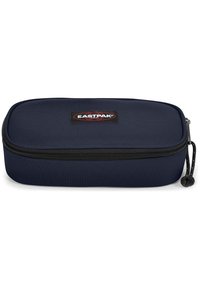 Navy blue Eastpak pencil case with a rectangular shape, smooth texture, top zipper closure, and a branded black patch on the front.
