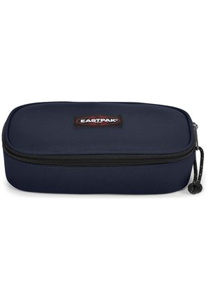 Navy blue Eastpak pencil case with a rectangular shape, smooth texture, top zipper closure, and a branded black patch on the front.