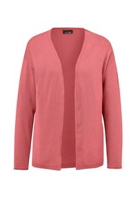 Langärmlige, offen-front Cardigan aus weichem Korall-Strick. Hat eine lockere Passform und gerippte Bündchen. Keine sichtbaren Muster oder Hardware-Details.