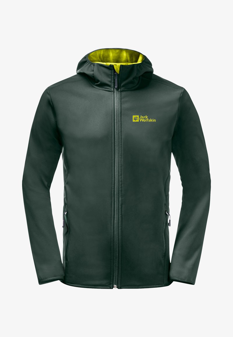 Green softshell jacket with a yellow inner lining, zip front, logo on chest, adjustable hood, and side pockets. Features a smooth texture.