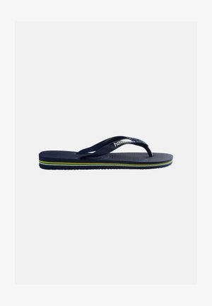 Navy blue flip-flop with textured sole, branded straps, and yellow and green stripes on the side, shown in side profile.