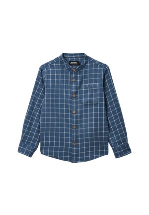 Chemise à motif vichy bleu avec col mandarin, dotée de boutons marron et d'une poche poitrine unique. Fabriquée en tissu tissé.