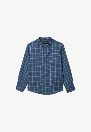 Chemise à motif vichy bleu avec col mandarin, dotée de boutons marron et d'une poche poitrine unique. Fabriquée en tissu tissé.