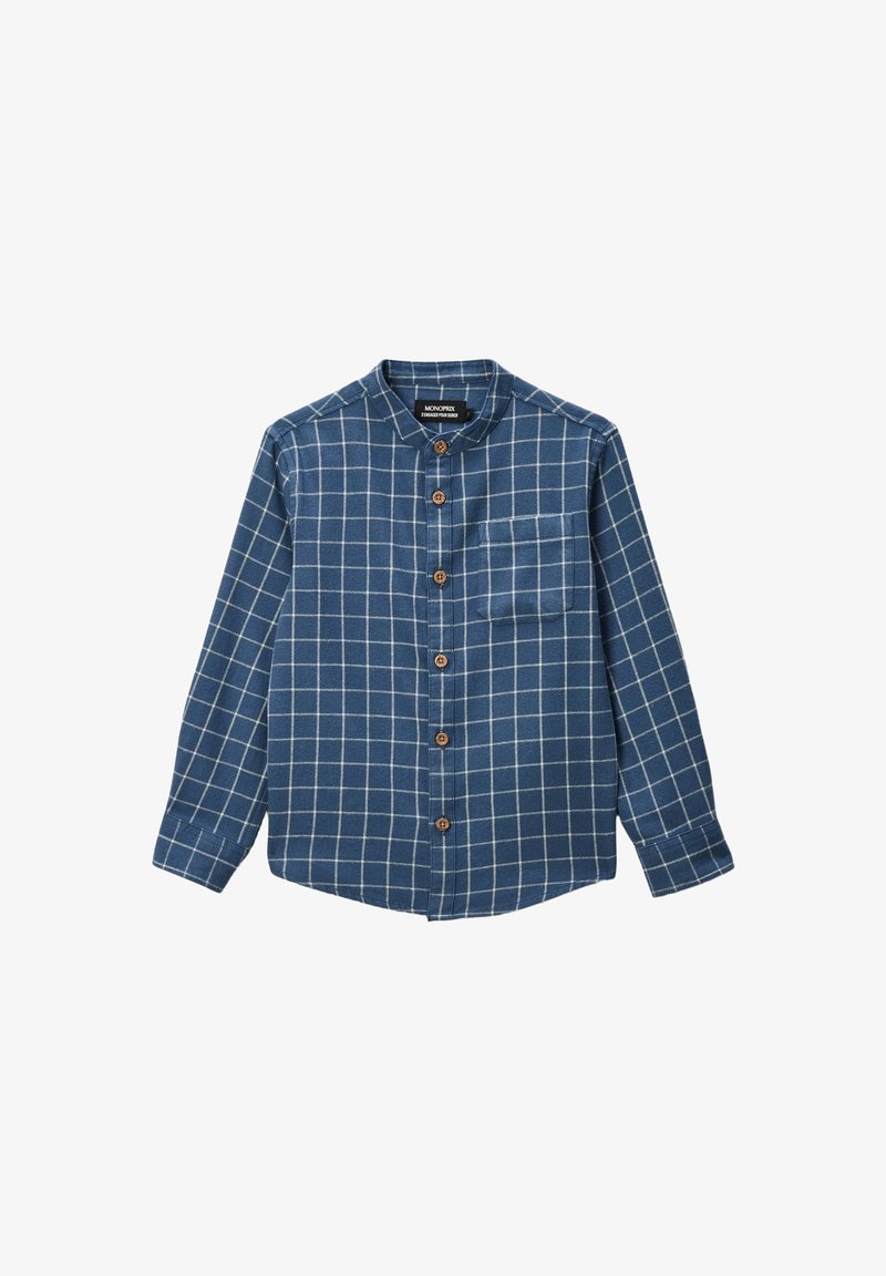 Chemise à motif vichy bleu avec col mandarin, dotée de boutons marron et d'une poche poitrine unique. Fabriquée en tissu tissé.