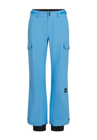 Blauwe skibroek met een rechte snit, gemaakt van waterdicht materiaal. Voorzien van cargozakken en elastische manchetten met zwarte accenten.