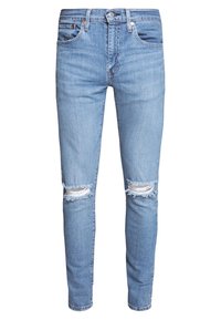 Světle modré, slim-fit džíny vyrobené z denimu. Mají roztrhaná kolena s třepenými okraji. Standardní design s pěti kapsami a s knoflíkovým zapínáním.