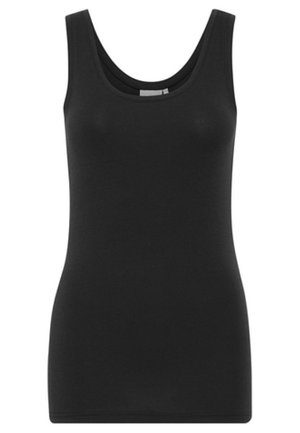 Top negru fără mâneci, cu decolteu rotunjit, confecționat dintr-un material neted și elastic. Siluetă ajustată fără ornamente. Design simplu și versatil.