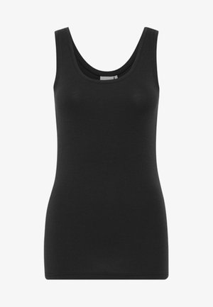 Must mustriga tops, millel on ümar kaelus, valmistatud siledast ja venivast kangast. Sobib kehakuju aitav siluett, ilma kaunistusteta. Lihtne ja mitmekülgne disain.