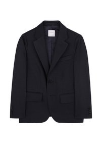 Blazer azul marino oscuro con solapas de muesca, cierre de un solo botón, dos bolsillos frontales y tejido texturizado. Diseño minimalista con acentos sutiles.