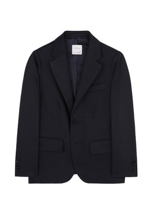 Blazer azul marino oscuro con solapas de muesca, cierre de un solo botón, dos bolsillos frontales y tejido texturizado. Diseño minimalista con acentos sutiles.