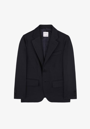 Blazer azul marino oscuro con solapas de muesca, cierre de un solo botón, dos bolsillos frontales y tejido texturizado. Diseño minimalista con acentos sutiles.