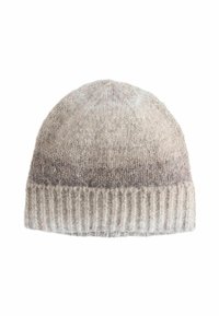 Wool knit hat in light beige and grey tones, featuring a patterned top and a ribbed, textured cuff. Designed for warmth and comfort.