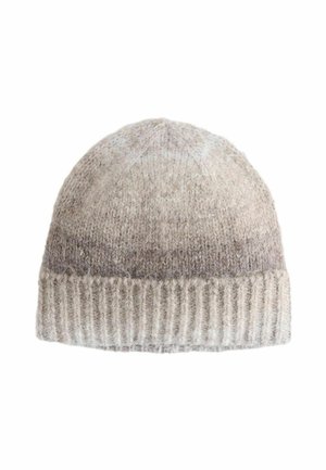 Wool knit hat in light beige and grey tones, featuring a patterned top and a ribbed, textured cuff. Designed for warmth and comfort.