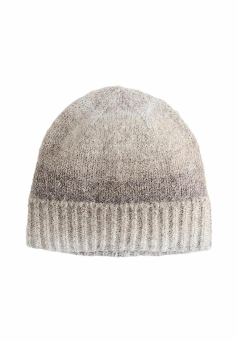 Wool knit hat in light beige and grey tones, featuring a patterned top and a ribbed, textured cuff. Designed for warmth and comfort.