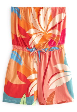 Combinaison courte sans bretelles à motifs floraux avec de grandes feuilles tropicales orange, rouge, blanche, bleue et verte et une taille à cordon.