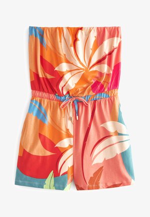Mono corto sin tirantes con grandes estampados de hojas tropicales en naranja, rojo, blanco, azul y verde y cinturilla con cordón.