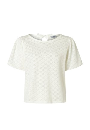 White short-sleeve blouse with eyelet lace pattern, round neckline, and back keyhole tie closure.