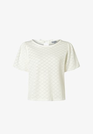 White short-sleeve blouse with eyelet lace pattern, round neckline, and back keyhole tie closure.