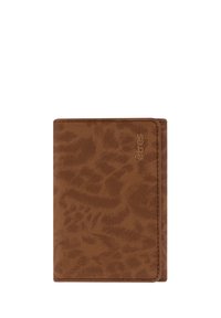 Bruine wallet met een stevige textuur en een subtiel dierenprintpatroon. Heeft een eenvoudig ontwerp, gestikte randen en een geperste merknaam aan de voorkant.
