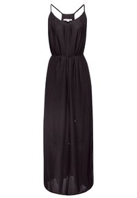Robe longue noire sans manches avec fines bretelles, taille cintrée avec cordon de serrage et tissu légèrement transparent à l'ourlet.