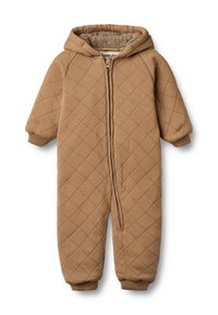 Pruun kapuutsiga tšekkudega kombinesoon, millel on täispikk tõmblukk ja soonikkoes mansetid. Sisemus on vooderdatud pehme beeži fliisiga soojustamiseks.