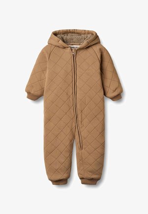 Quilted brown jumpsuit with a hood, featuring a full-length zipper and ribbed cuffs. Interior lined with soft, beige fleece for warmth.
