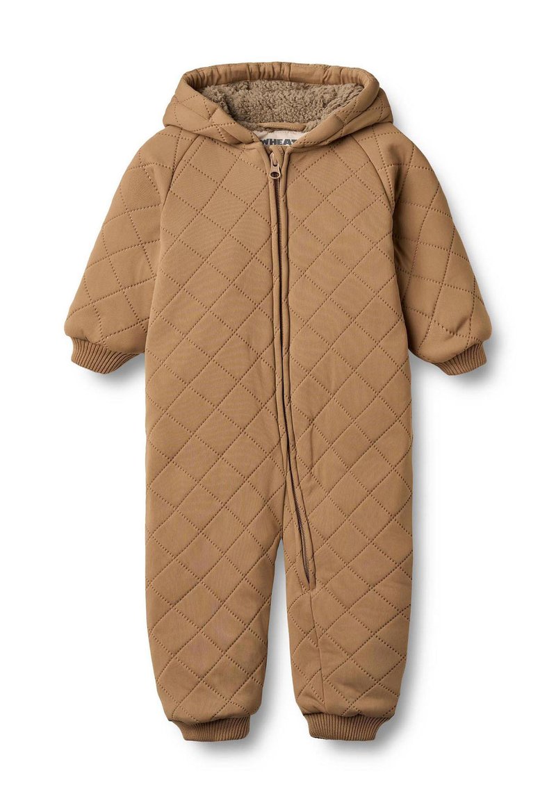 Pruun kapuutsiga tšekkudega kombinesoon, millel on täispikk tõmblukk ja soonikkoes mansetid. Sisemus on vooderdatud pehme beeži fliisiga soojustamiseks.